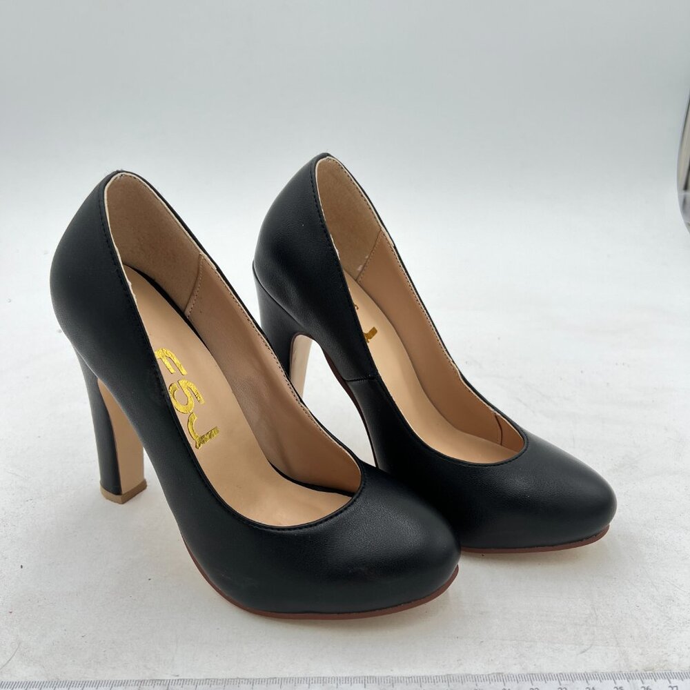 FSJ Black Classic Chunky High Heel Closed Round Toe Slip On Formal Office Pumps